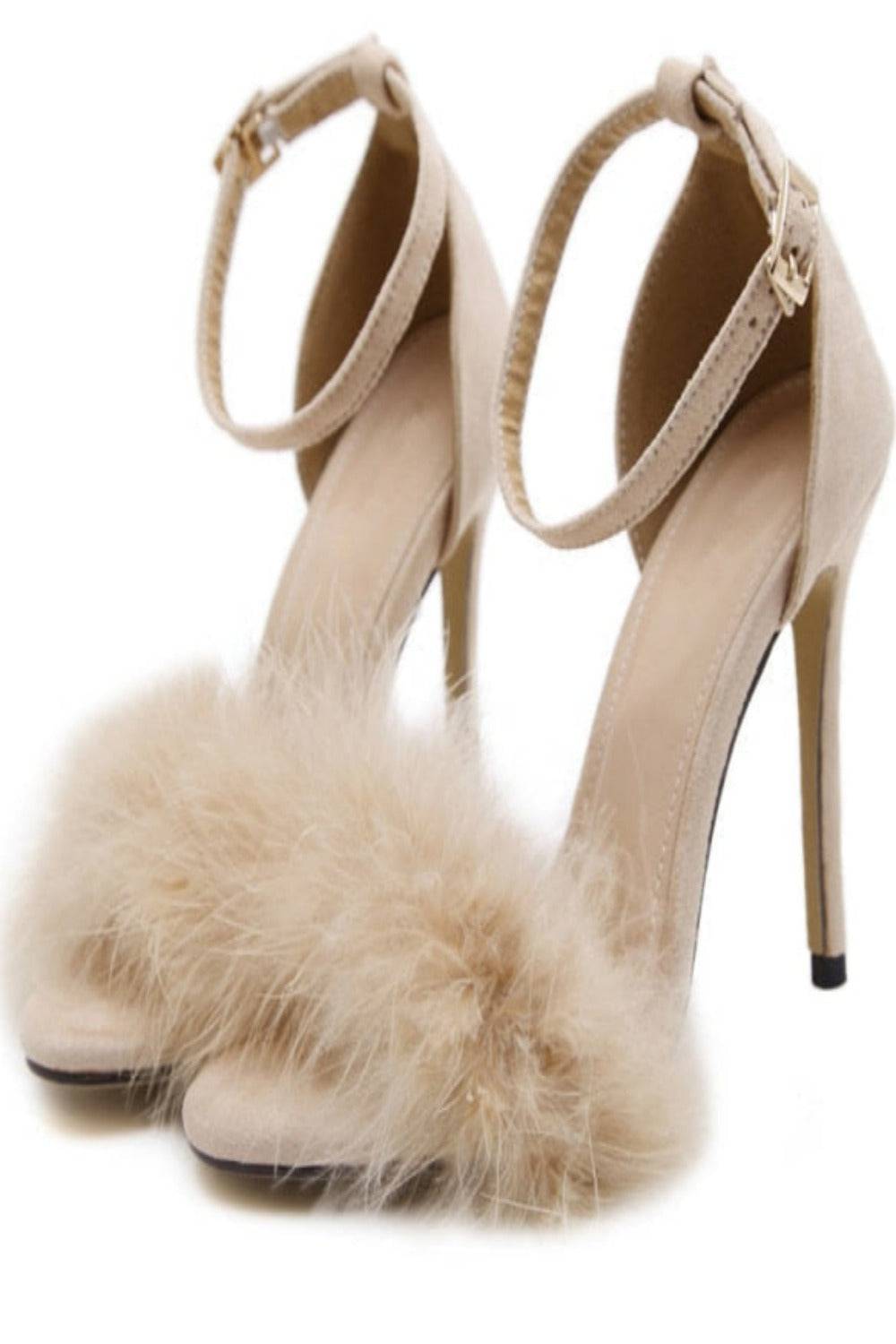 Nude Stiletto High Heel Sandals With Fluffy Fur - TGC Boutique - High Heel Sandals