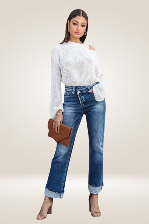 Off Side Button High Waisted Distressed Jeans - Ankle Cuff Denim - TGC Boutique - Jeans