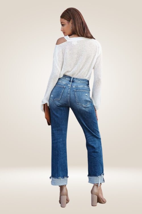 Off Side Button High Waisted Distressed Jeans - Ankle Cuff Denim - TGC Boutique - Jeans