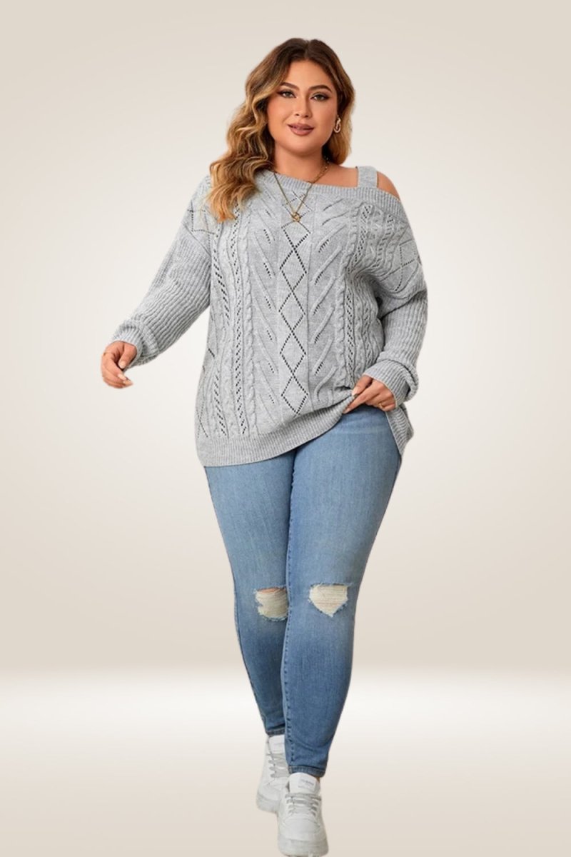 Off The Shoulder Gray Knitted Plus Size Sweater - TGC Boutique - Sweater