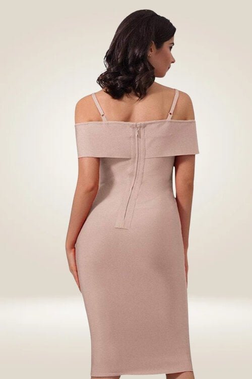 Off The Shoulder Knee Length Nude Bodycon Mini Dress - TGC Boutique - Bodycon Dress