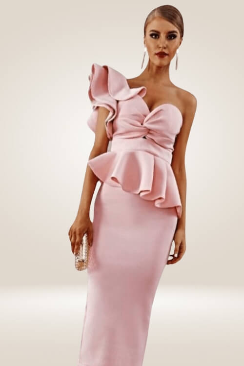 Off The Shoulder Ruffle Pink Bodycon Midi Dress - TGC Boutique - Bodycon Dress