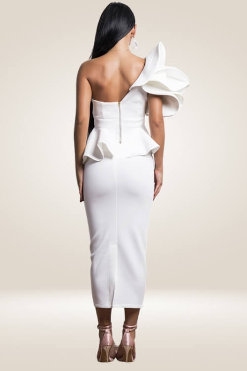 Off The Shoulder Ruffle White Bodycon Midi Dress - TGC Boutique - Bodycon Dress