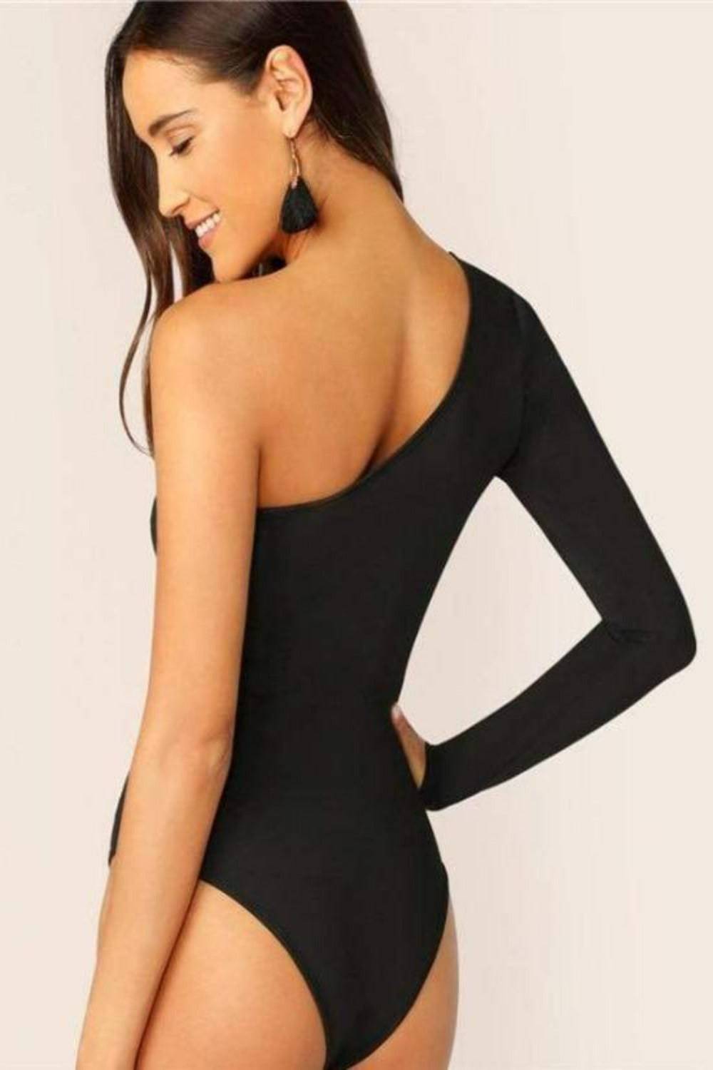 One Shoulder Form Fitting Stretch Bodysuit - Black - TGC Boutique - Black Bodysuit