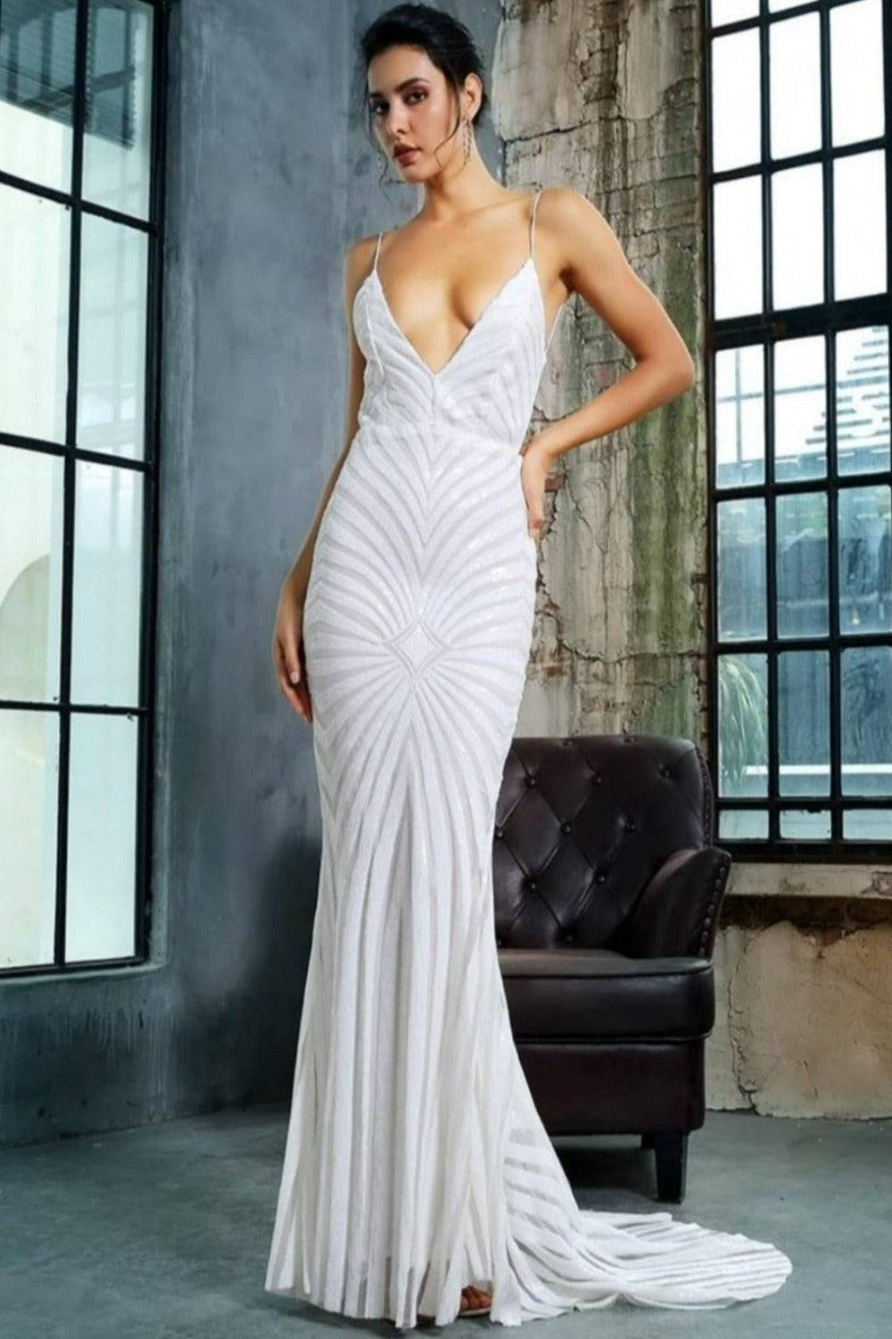 Open Back Sequins White Maxi Dress  - TGC Boutique - White Wedding Dress