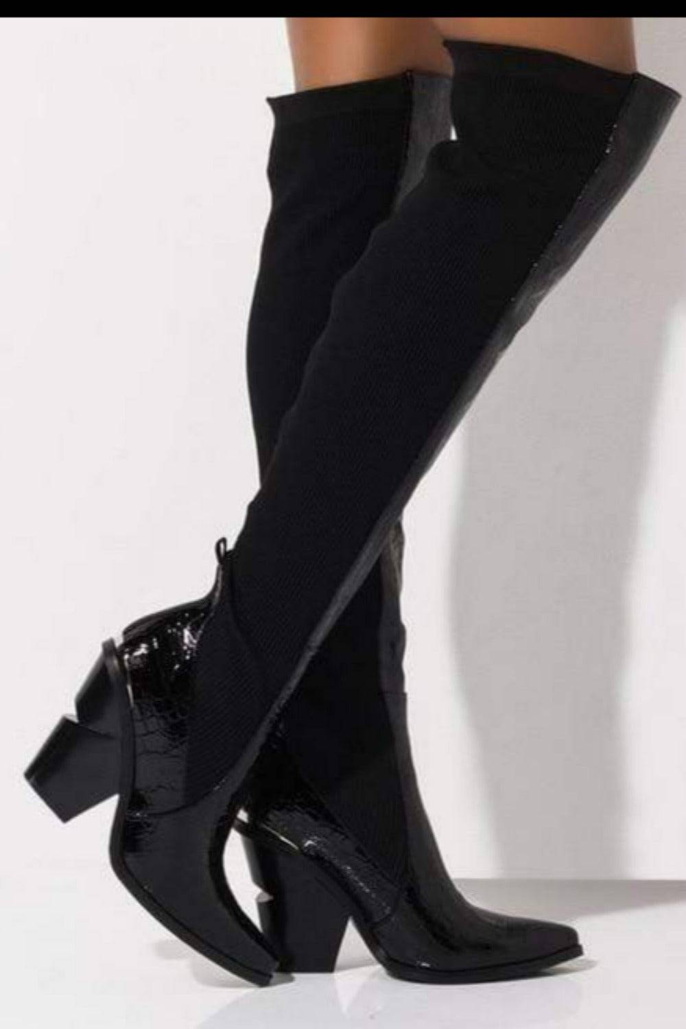 Over The Knee Stretch High Heel Boots - Black - TGC Boutique - Black Boots