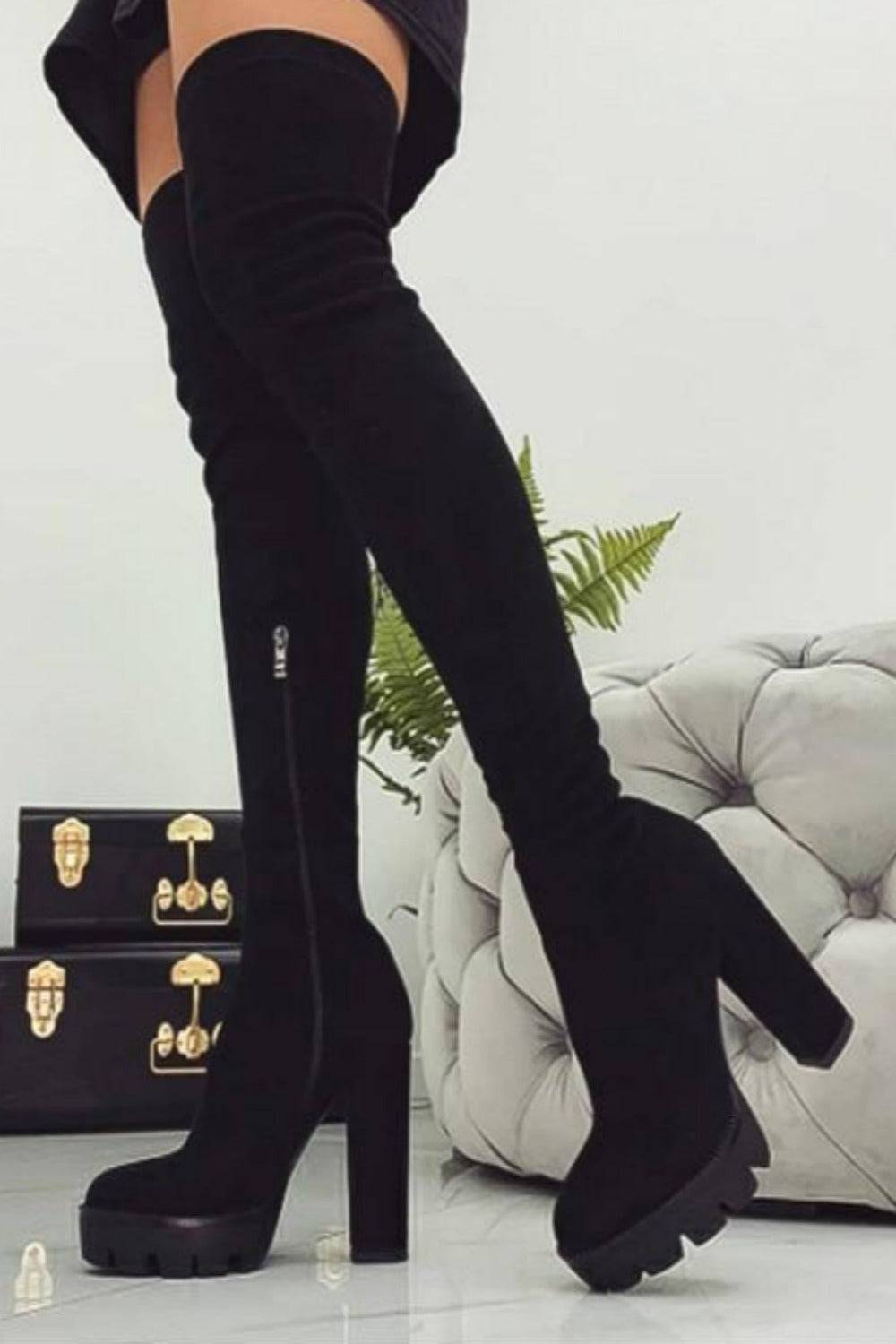 Thigh high clearance boots black heel