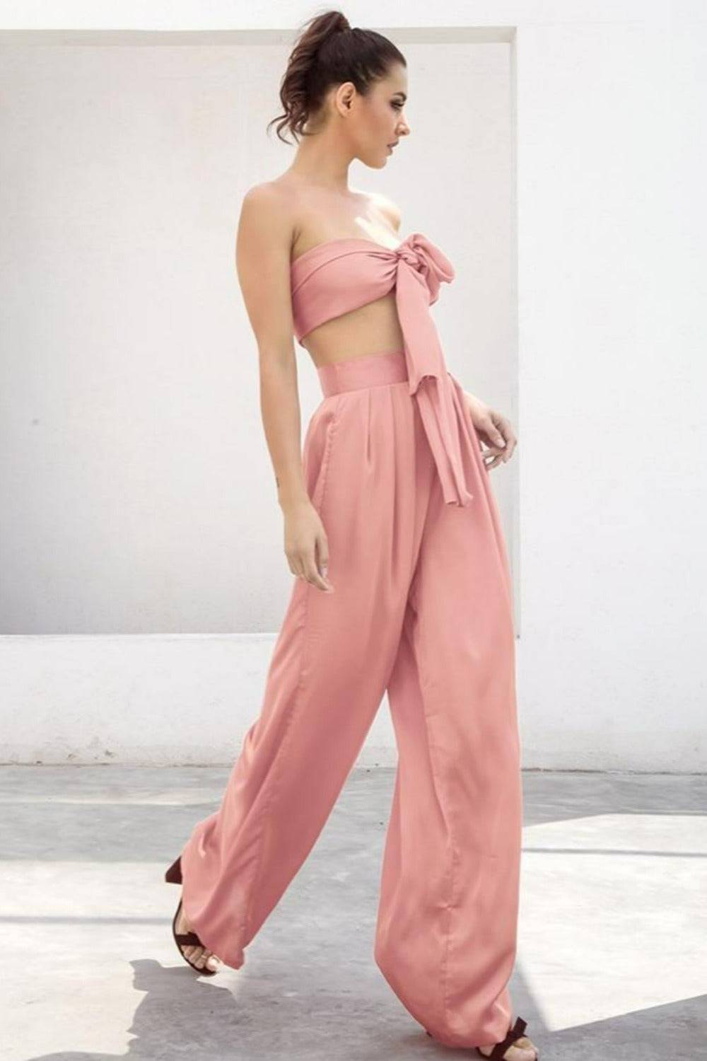 Pale Pink Strapless Tie Front High Waist Wide Leg Jumpsuit Pants Set - TGC Boutique - Top Pants 2 Piece Set