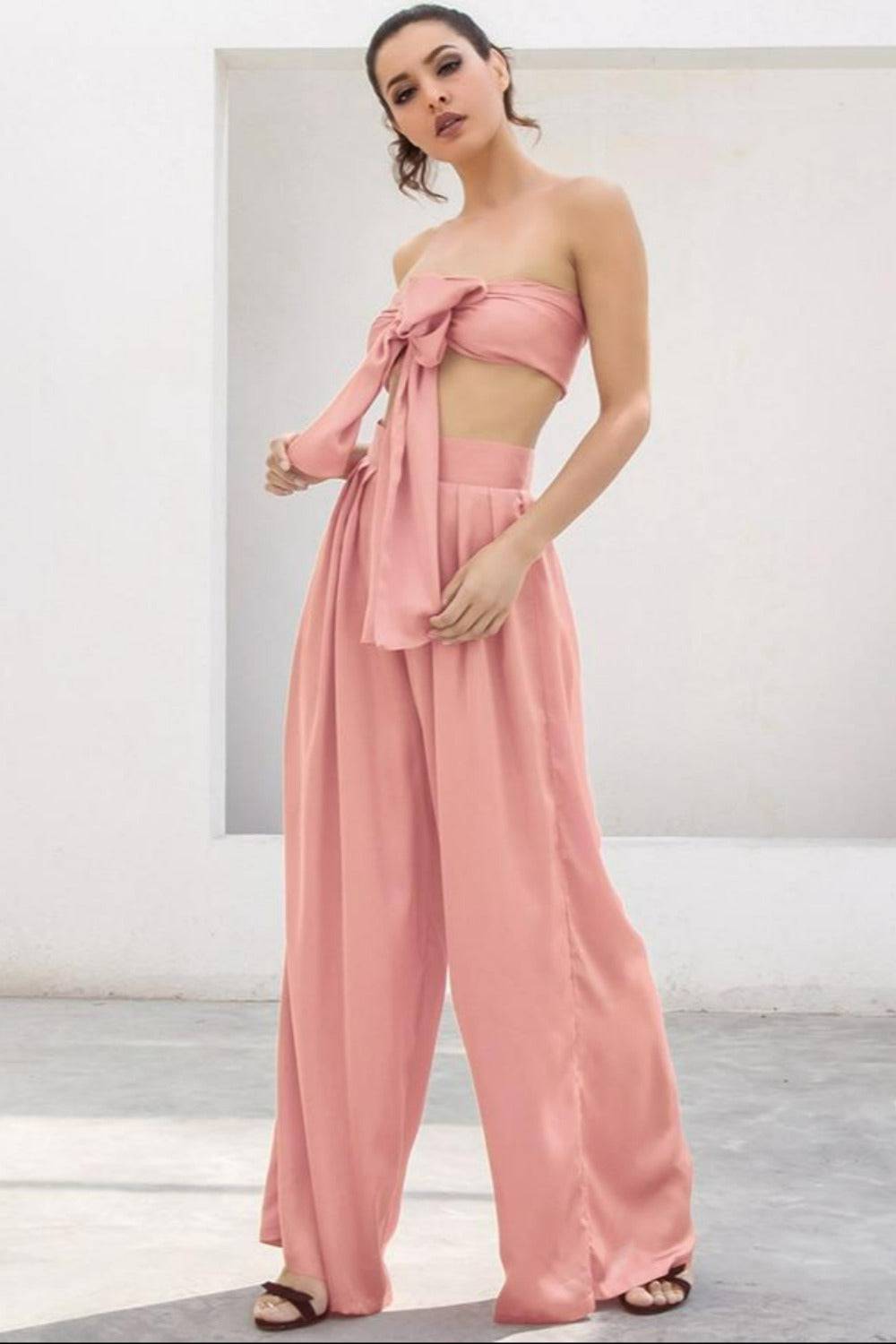 Pale Pink Strapless Tie Front High Waist Wide Leg Jumpsuit Pants Set - TGC Boutique - Top Pants 2 Piece Set