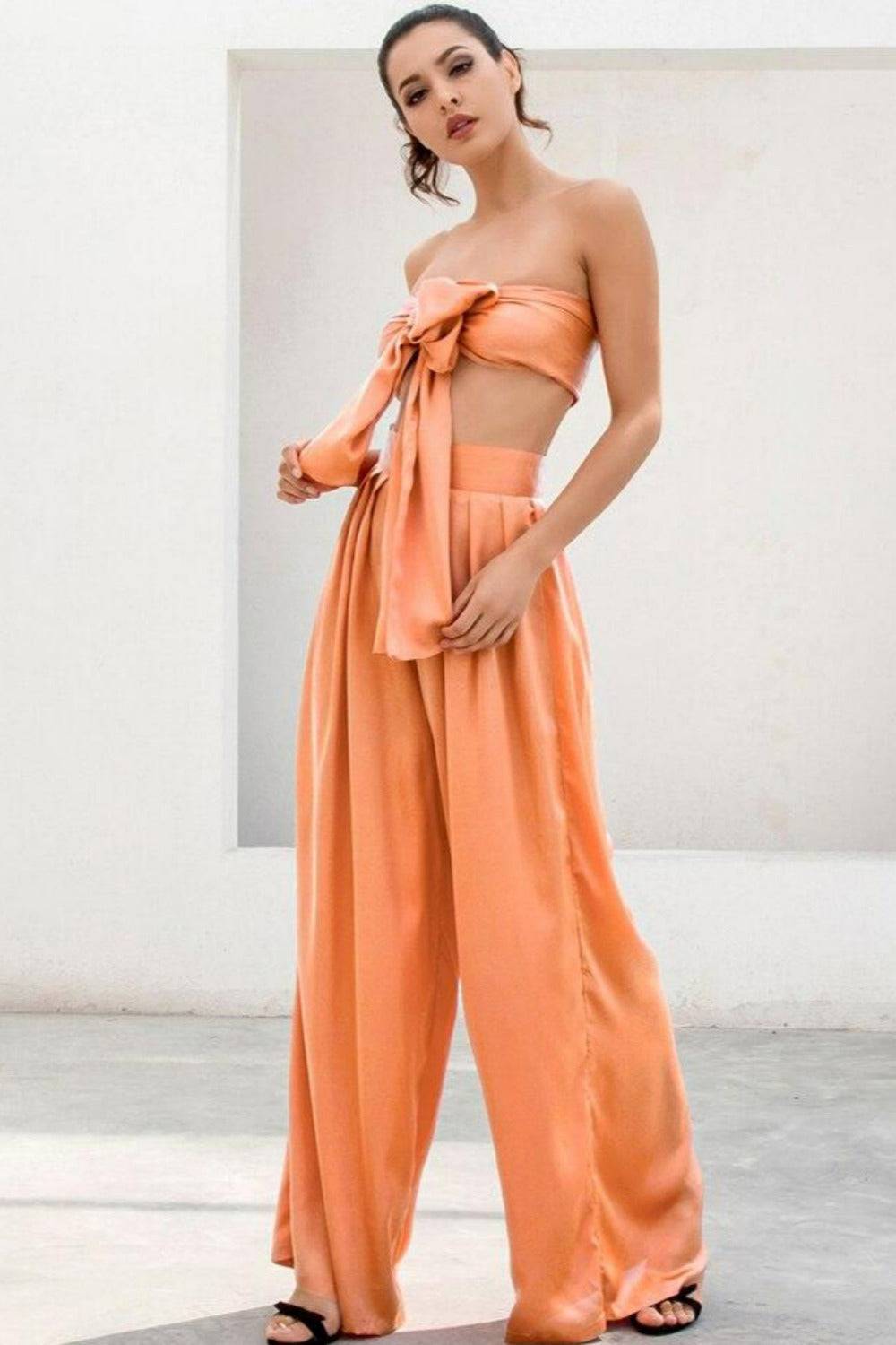 Peach Orange Strapless Tie Front Wide Leg Pants Jumpsuit Set - TGC Boutique - Top Pants 2 Piece Set