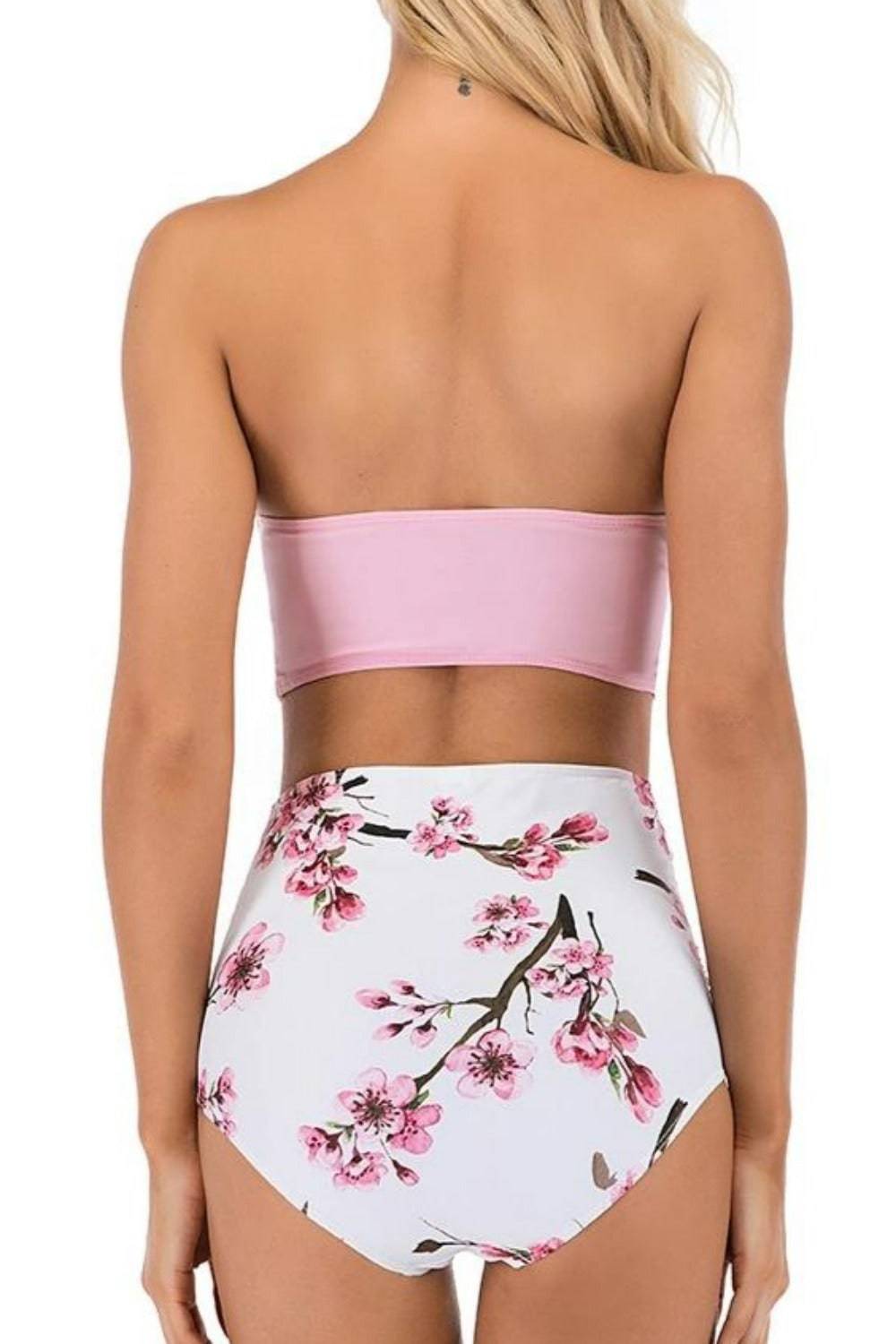 Pink Floral Bikini High Waisted Bustier Bra Two-Piece Swimsuit - TGC Boutique - Swimsuit