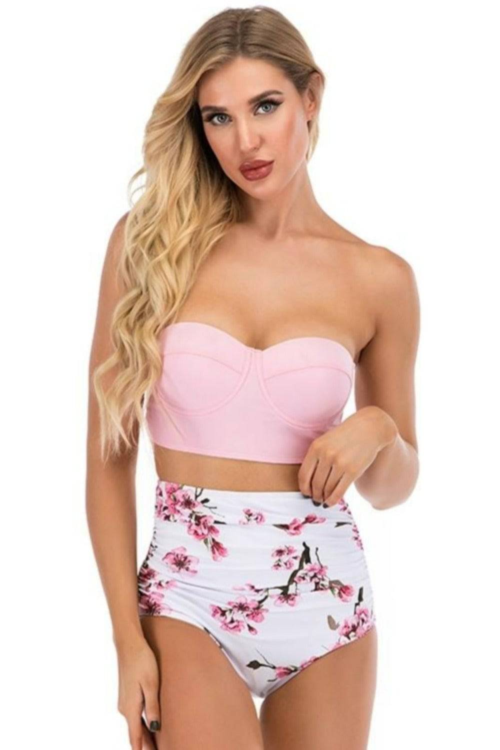Pink Floral Bikini High Waisted Bustier Bra Two-Piece Swimsuit - TGC Boutique - Swimsuit