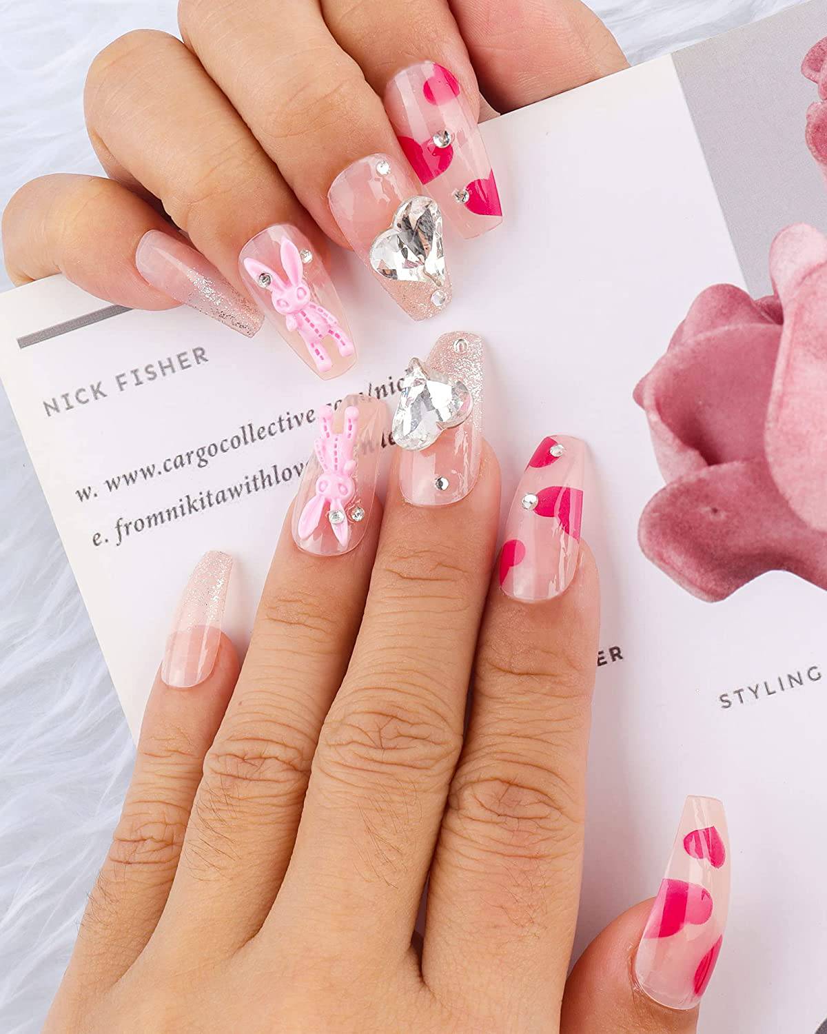 Pink Hearts, Crystals & A Pink Bunny Coffin Tip Press On Nails Kit - TGC Boutique - Press On Nails