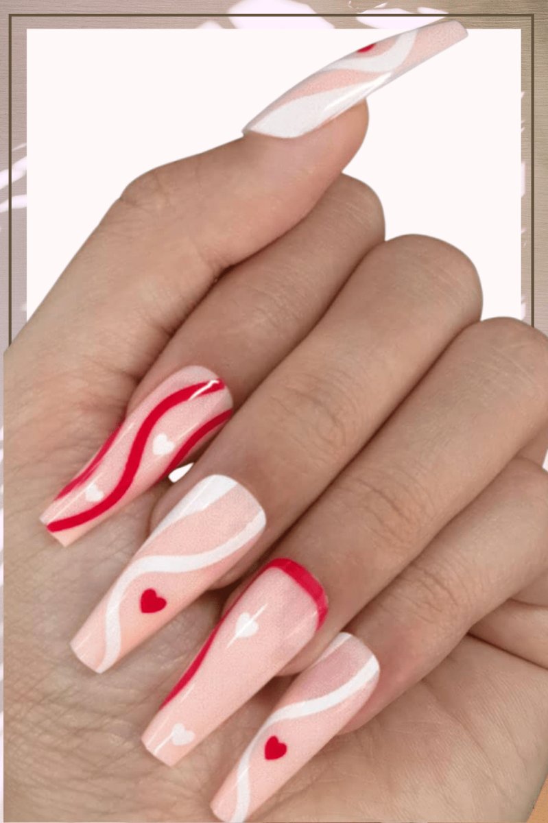 Pink Press On Nails Heart Glossy Coffin Swirl Nail Kit - TGC Boutique - Press On Nails