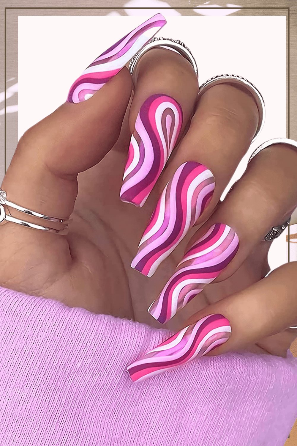 Pink & Purple Swirl Press On Nails French Tip Coffin Nail Kit - TGC Boutique - Press On Nails