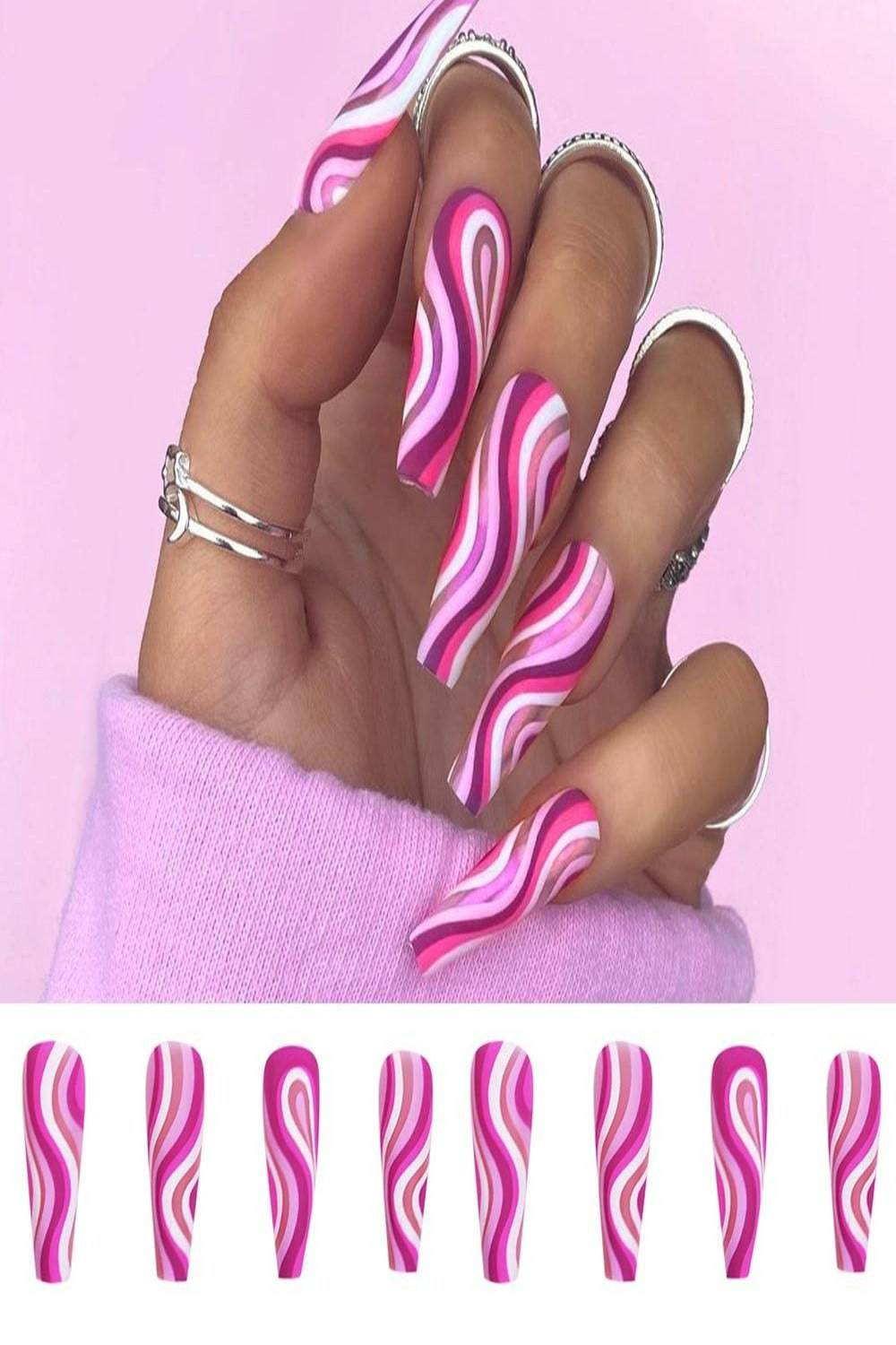 Pink & Purple Swirl Press On Nails French Tip Coffin Nail Kit - TGC Boutique - Press On Nails