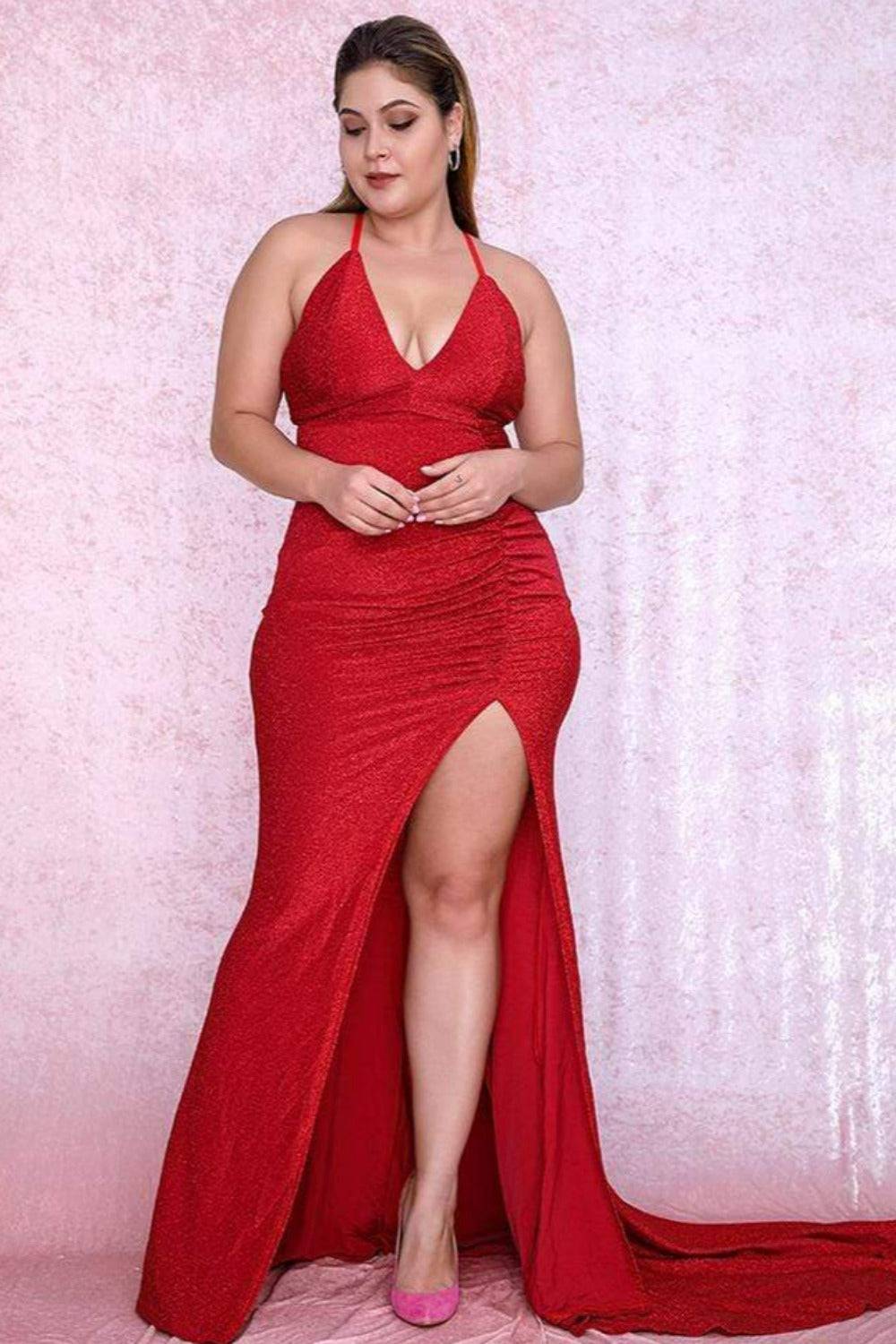 Places To See Glitter Bodycon Plus Size Red Dress - TGC Boutique - Red Evening Dress
