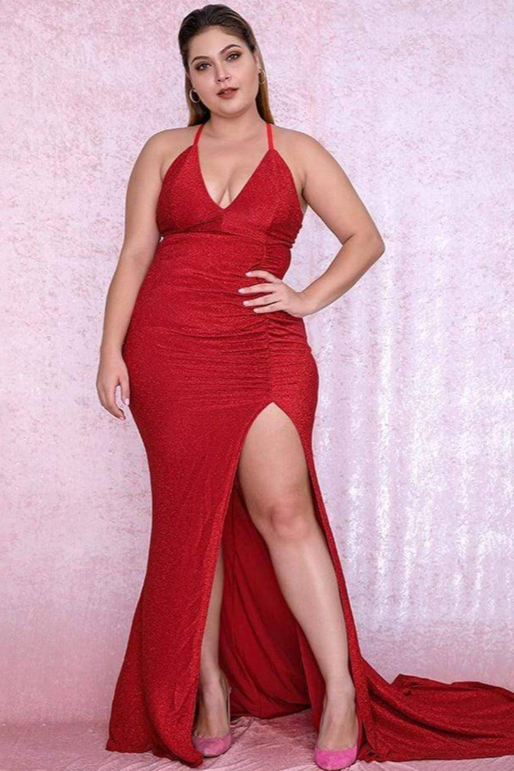 Places To See Glitter Bodycon Plus Size Red Dress - TGC Boutique - Red Evening Dress