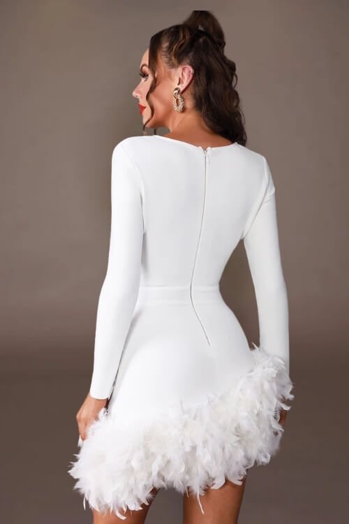 Plunge Neckline Feather Skirt White Mini Dress - TGC Boutique - Bodycon Dress