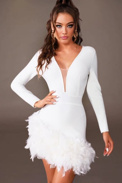 Plunge Neckline Feather Skirt White Mini Dress - TGC Boutique - Bodycon Dress