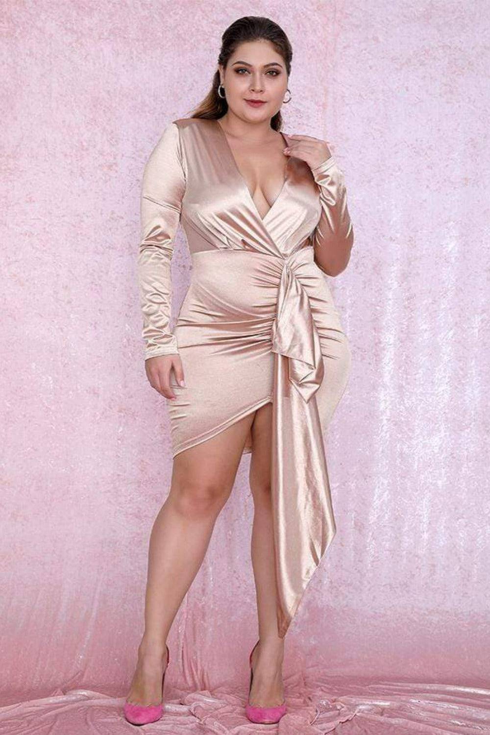 Plus Size Long Sleeve Nude Mini Dress - TGC Boutique - Plus Size Bodycon Dress