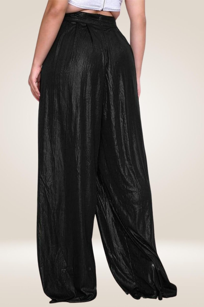 Plus Size Metallic High Waist Wide Leg Black Palazzo Pants - TGC Boutique - Pants