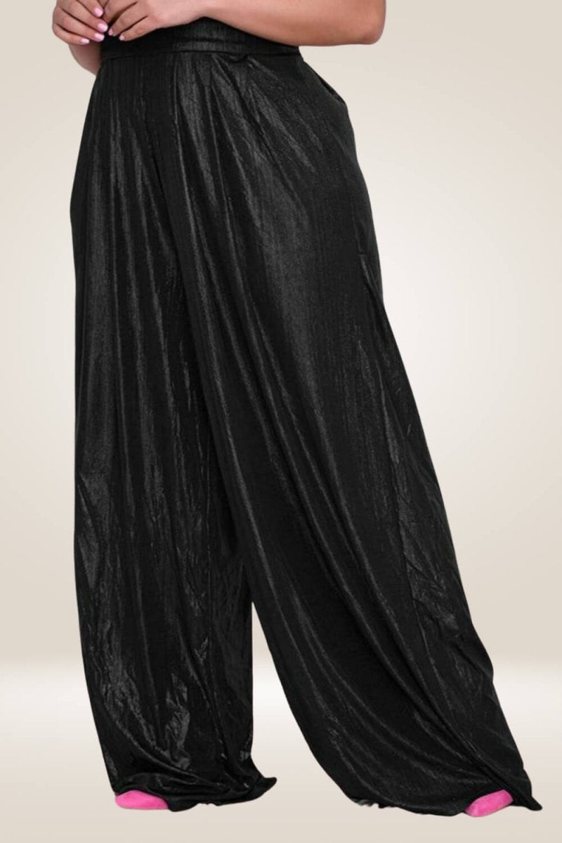 Plus Size Metallic High Waist Wide Leg Black Palazzo Pants - TGC Boutique - Pants