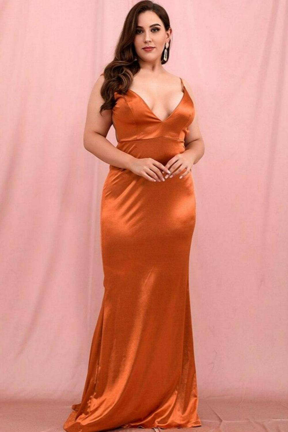 Plus Size Orange Satin Deep-V Backless Gown