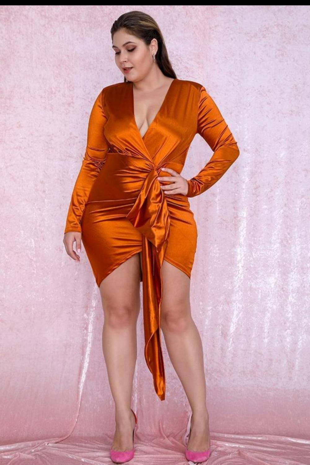 Plus Size Orange Satin Ruffle Mini Dress - TGC Boutique - Plus Size Bodycon Dress