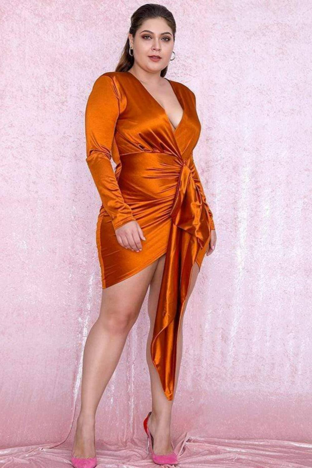Plus Size Orange Satin Ruffle Mini Dress - TGC Boutique - Plus Size Bodycon Dress