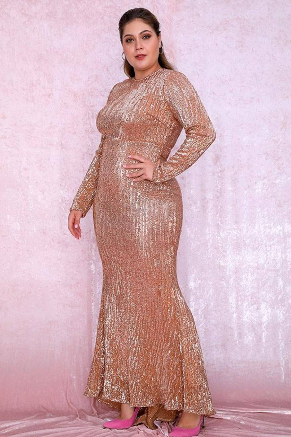 Plus Size Rose Gold Elastic Pleated Sequins Fishtail Maxi Dress - TGC Boutique - Evening Gown