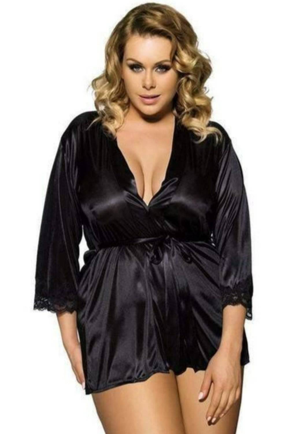 Plus Size Satin Robe Sleepwear Lingerie Chemise Set With Belt - TGC Boutique