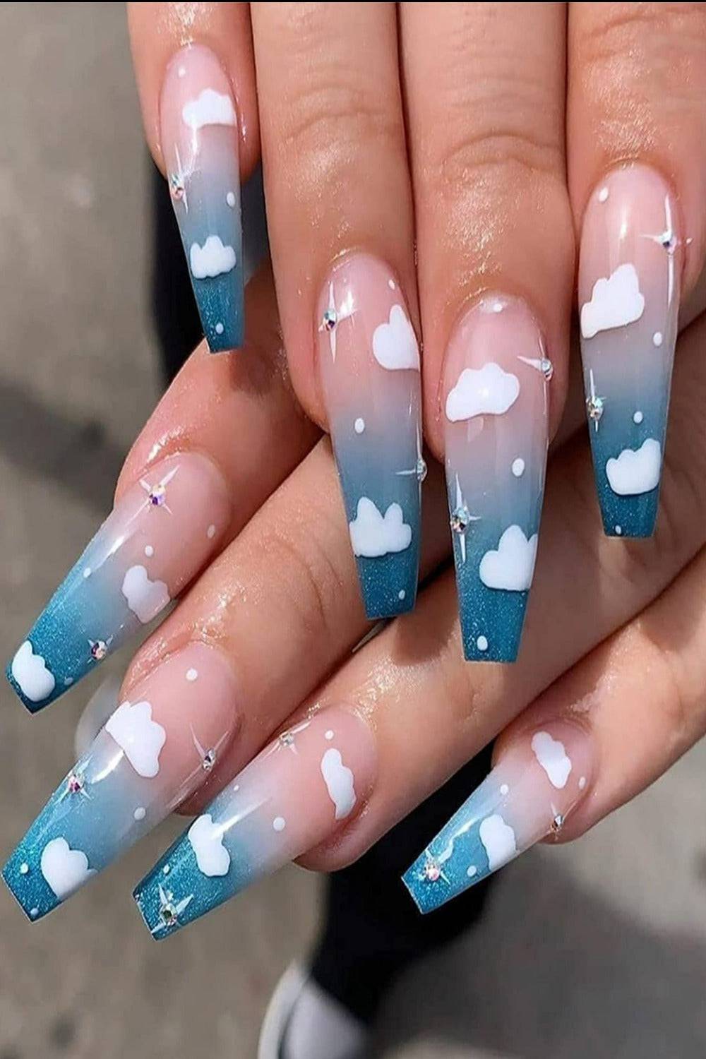 Press On Blue Ombre Nails Glossy Cloud Print French Tip Coffin Nail Kit - TGC Boutique - Press On Nails