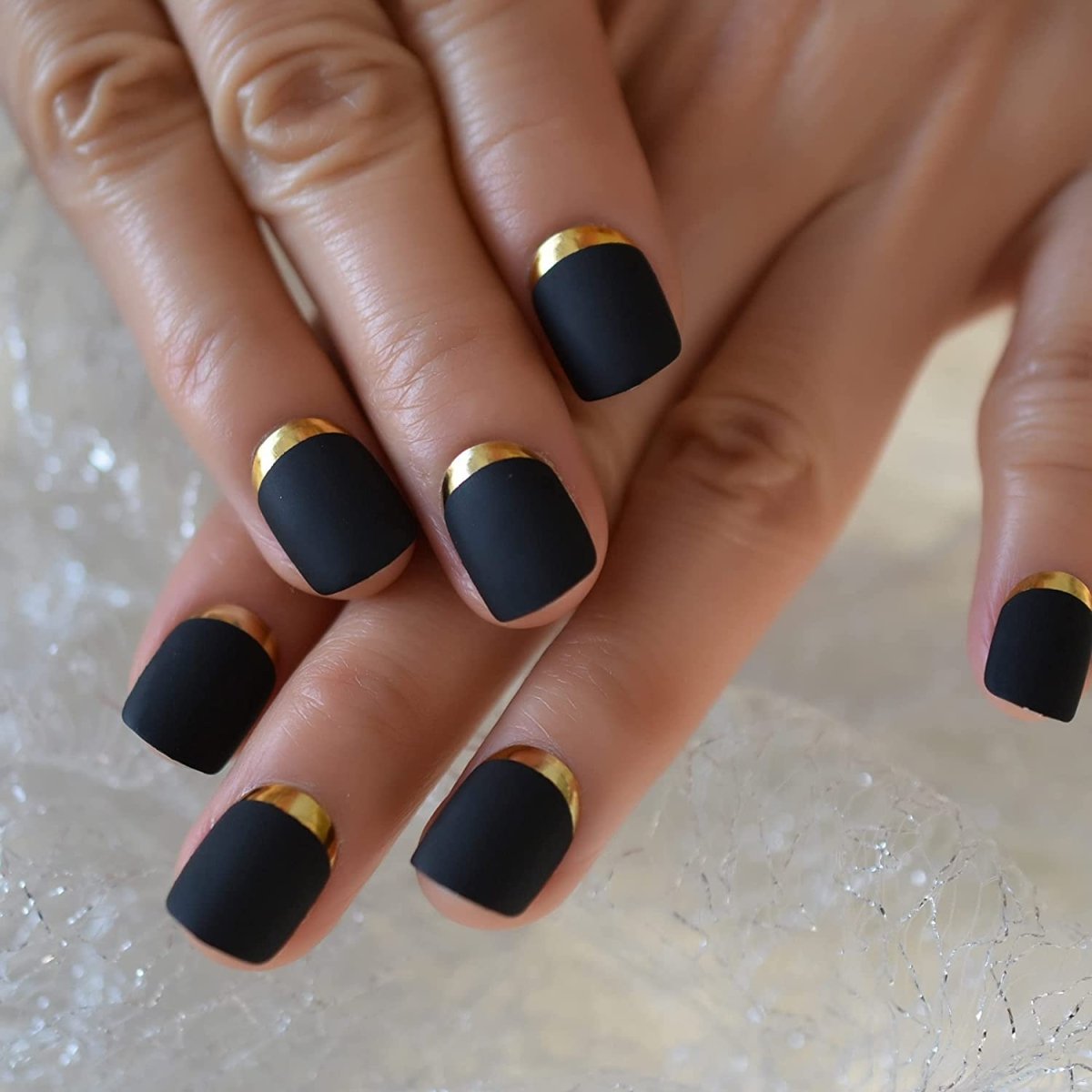 Press On Nails Black And Gold French Matte Round Nail Kit - TGC Boutique - Press On Nails