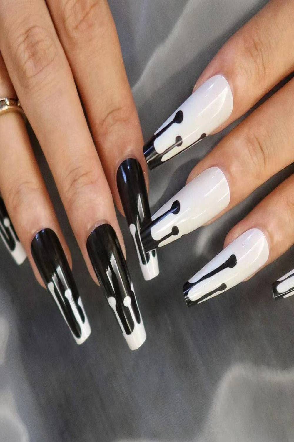 Press On Nails Black And White Coffin Drip Nail Kit - TGC Boutique - Press On Nails