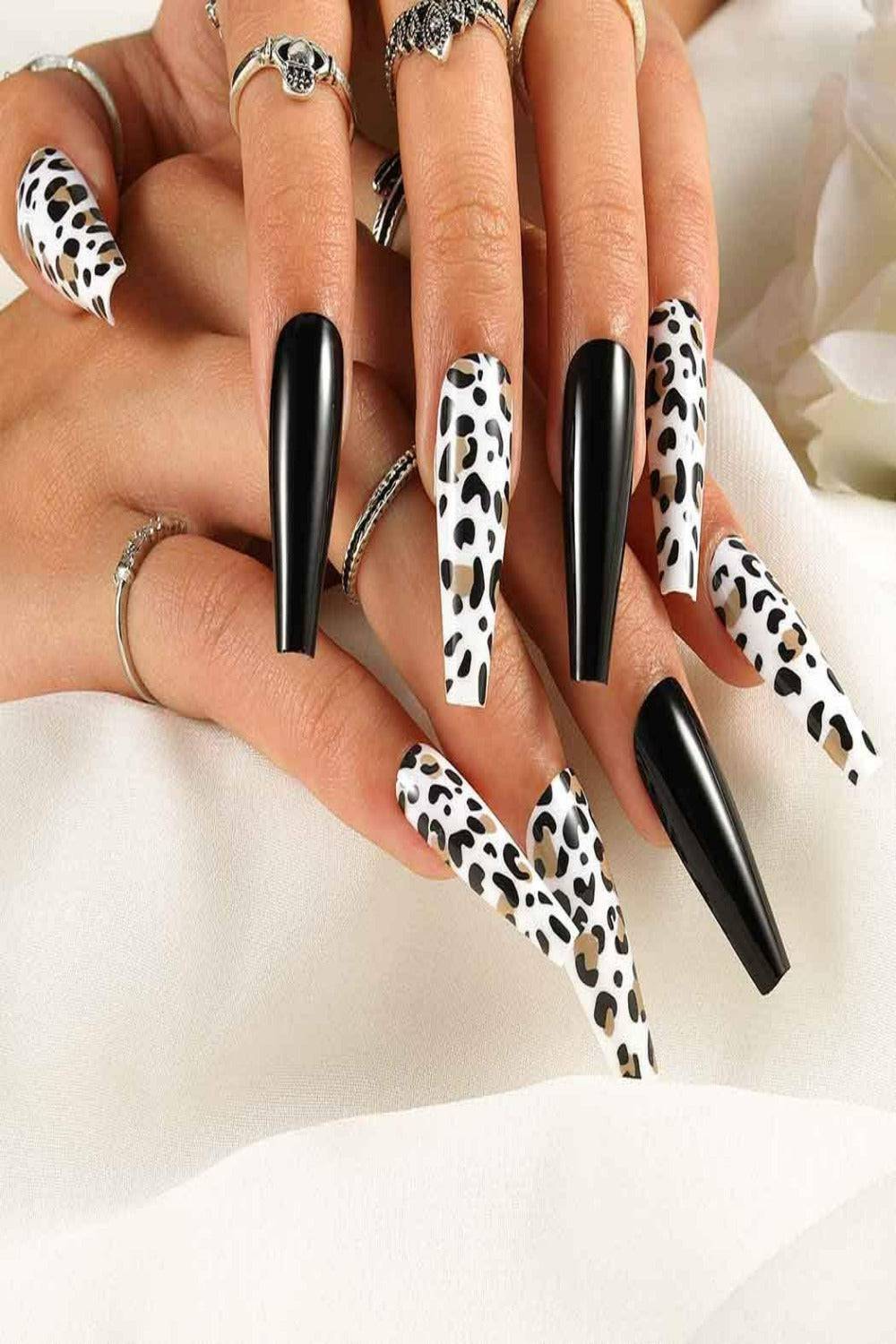 Press On Nails Black Cow Print Glossy Coffin Leopard Nail Kit - TGC Boutique - Press On Nails