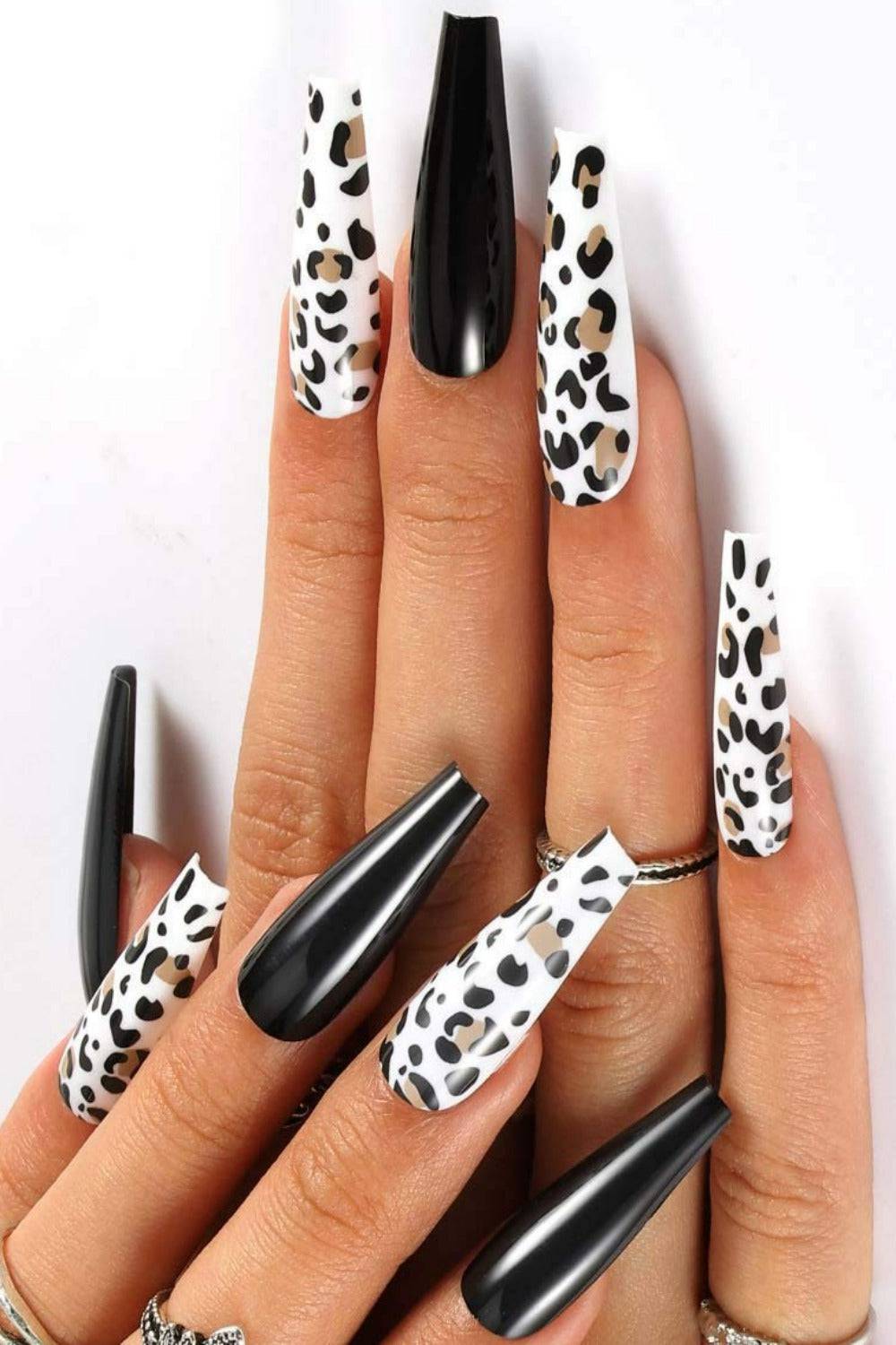 Press On Nails Black Cow Print Glossy Coffin Leopard Nail Kit - TGC Boutique - Press On Nails
