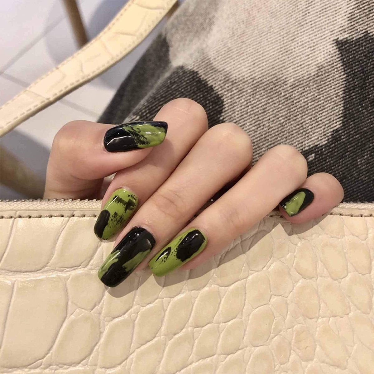 Press On Nails Black French Glossy Coffin Green Nail Kit - TGC Boutique - Press On Nails