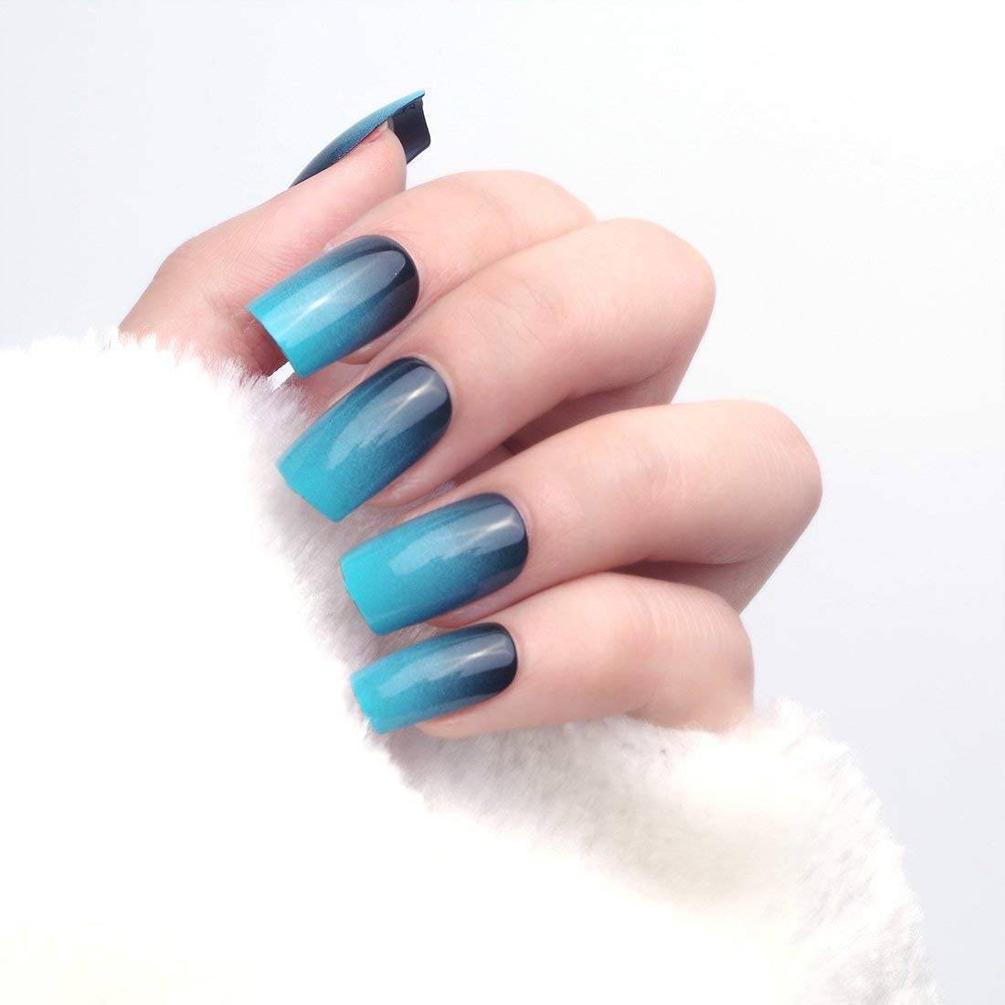 Press On Nails Black Glossy French Blue Square Nail Kit - TGC Boutique - Press On Nails