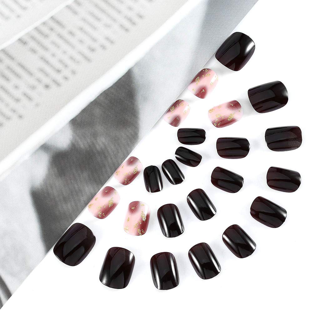 Press On Nails Black Glossy Red Square Gold Nail Kit - TGC Boutique - Press On Nails