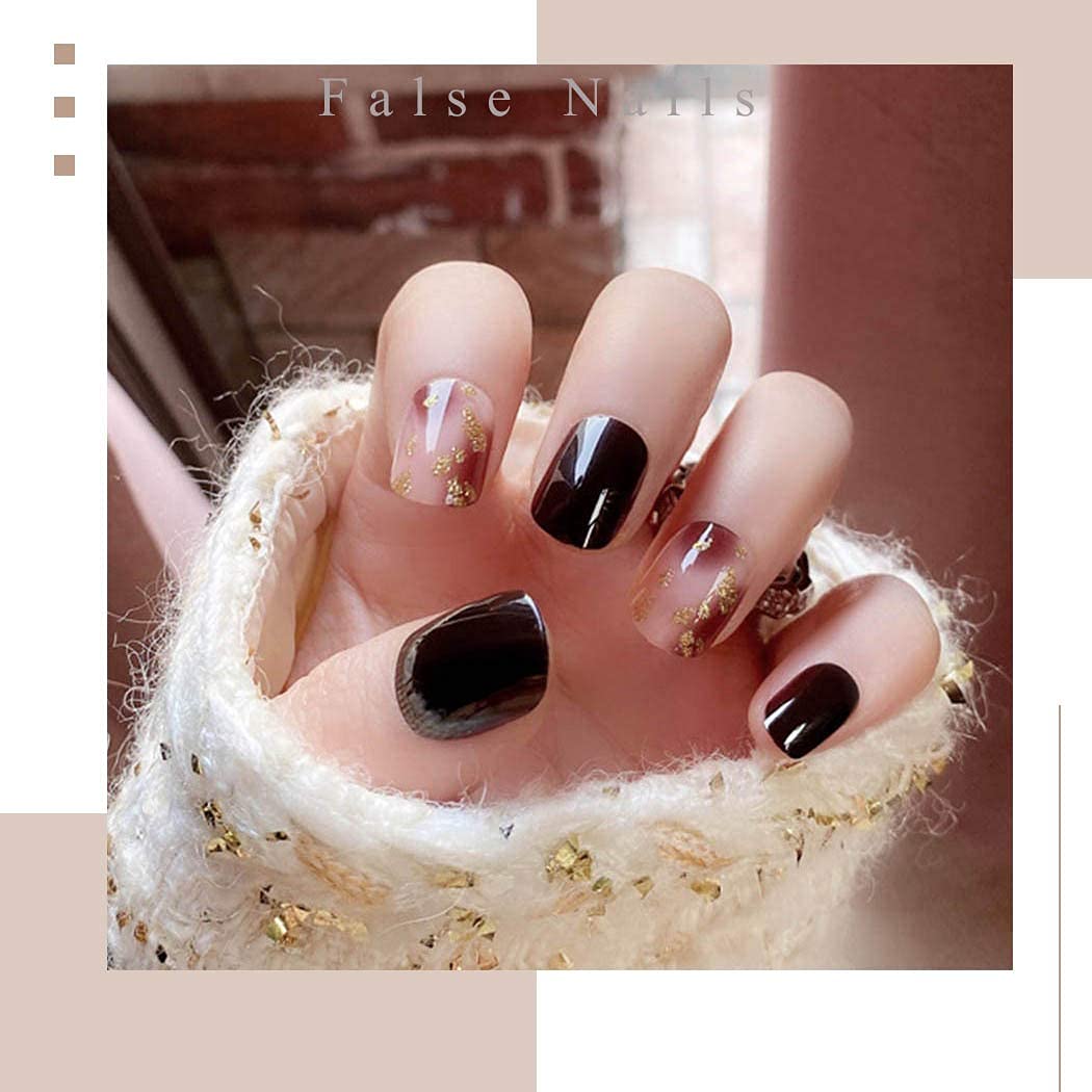 Press On Nails Black Glossy Red Square Gold Nail Kit - TGC Boutique - Press On Nails