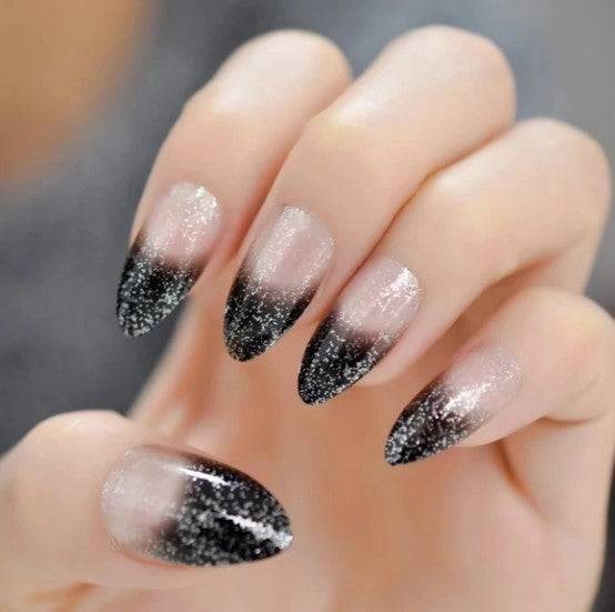 Press On Nails Black Ombre French Glossy Almond Nail Kit - TGC Boutique - Press On Nails