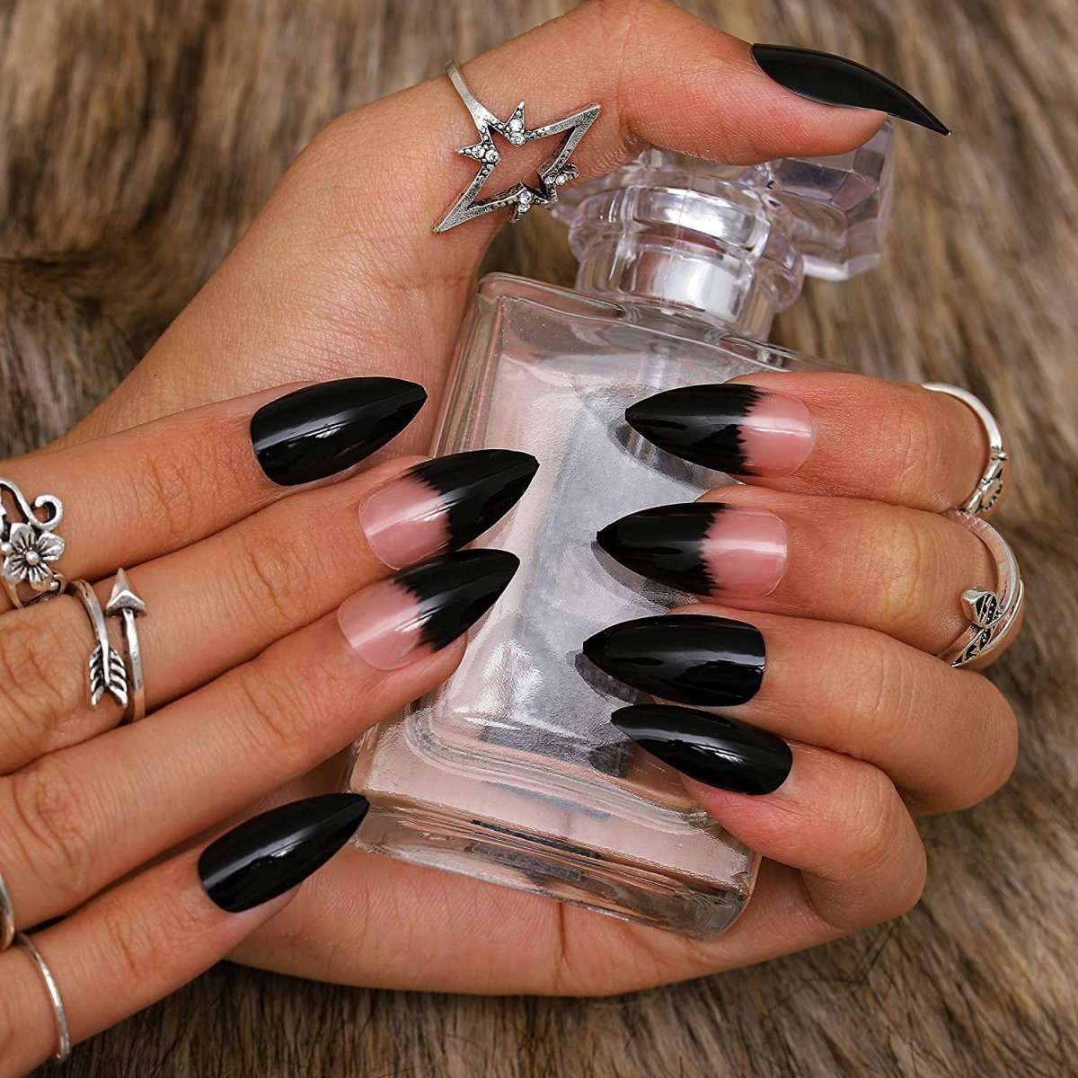 Press On Nails Black Ombre Glossy French Tip Almond Nail Kit - TGC Boutique - Press On Nails