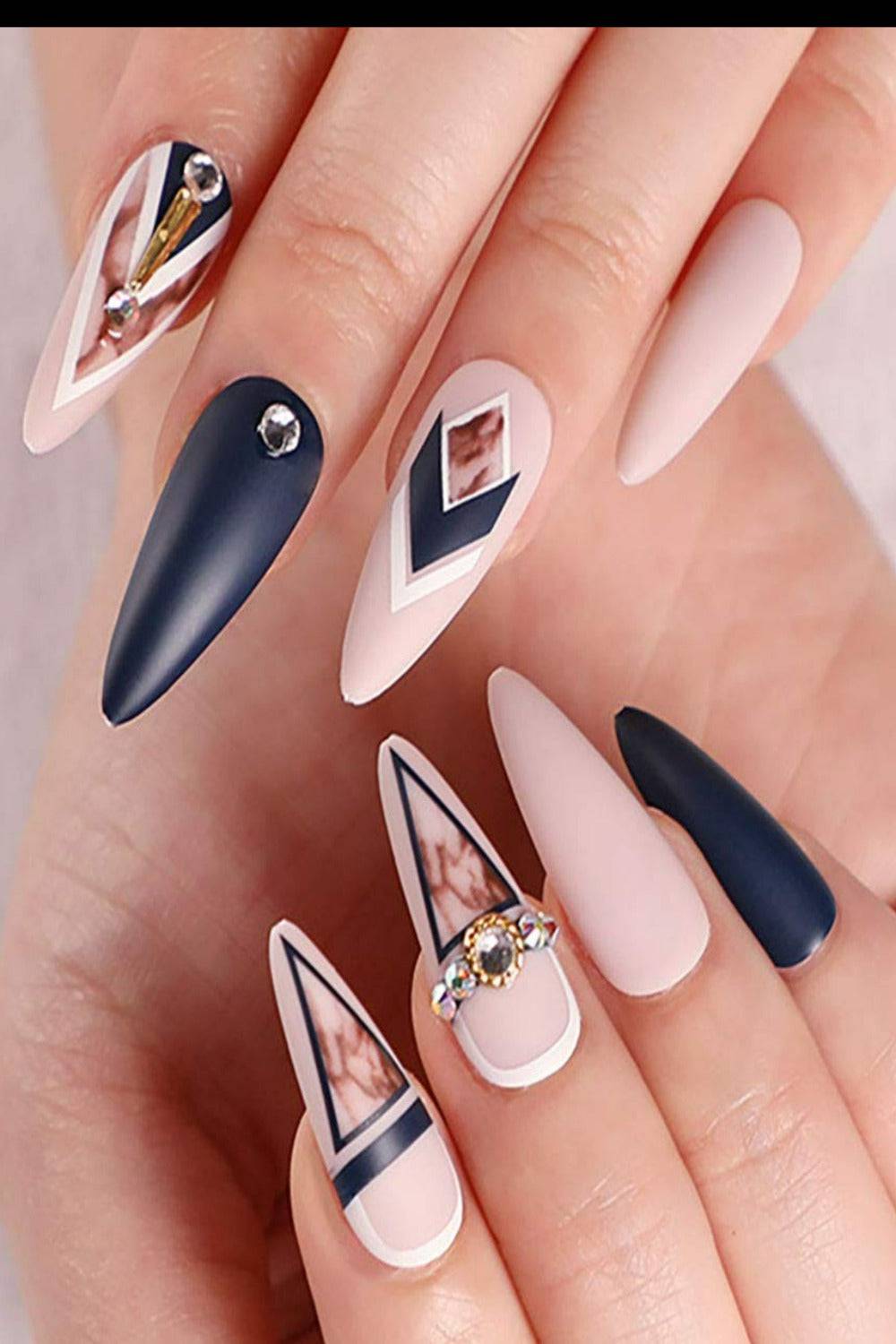 Press On Nails Blue And Nude Matte Stiletto Crystal Nail Kit - TGC Boutique - Press On Nails