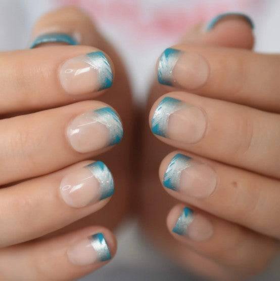 Press On Nails Blue And Silver French Glossy Round Nail Kit - TGC Boutique - Press On Nails