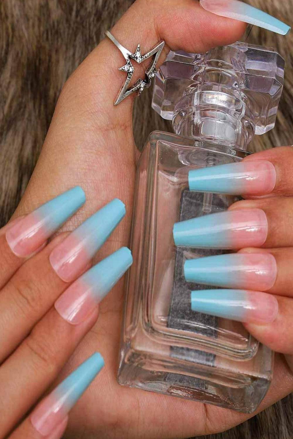 Press On Nails Blue Ombre Glossy Coffin Nail Kit - TGC Boutique - Press On Nails