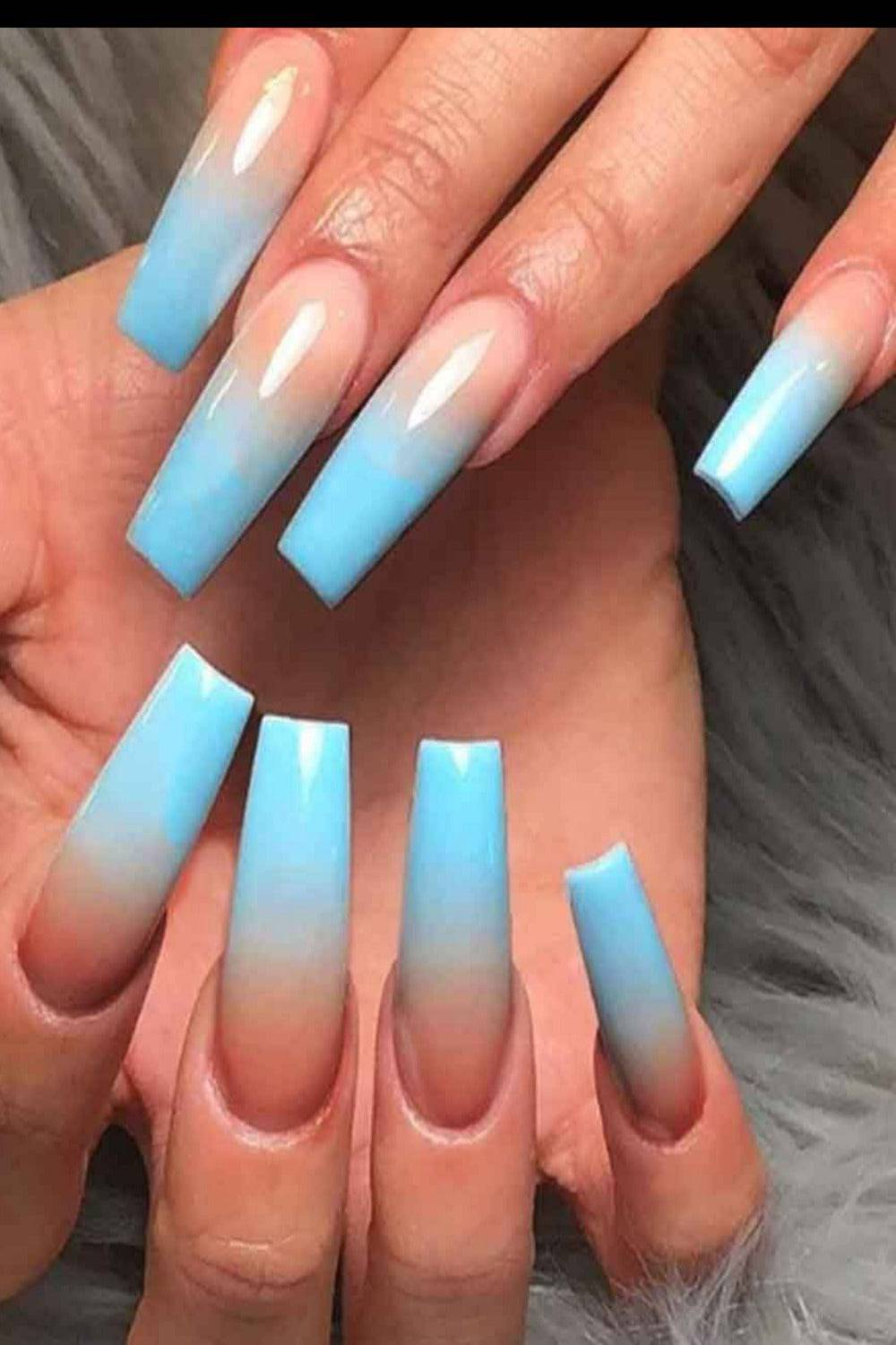 Press On Nails Blue Ombre Glossy Coffin Nail Kit - TGC Boutique - Press On Nails
