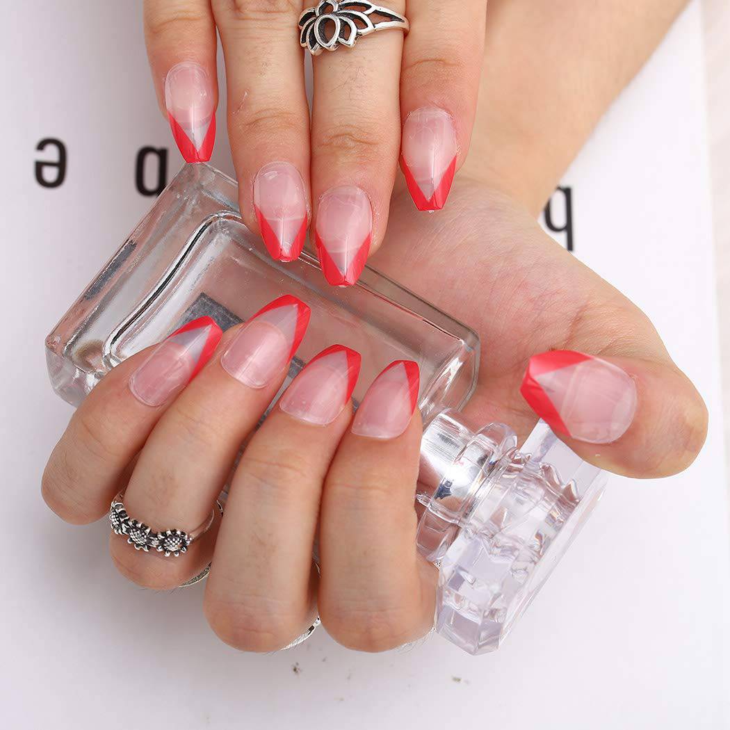 Press On Nails Clear And Red French Glossy Coffin Nail Kit - TGC Boutique - Press On Nails