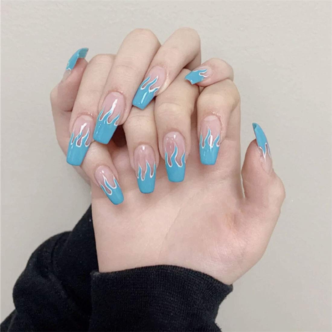 Press On Nails Clear Glossy French Tip Coffin Blue Flame Nail Kit - TGC Boutique - Press On Nails