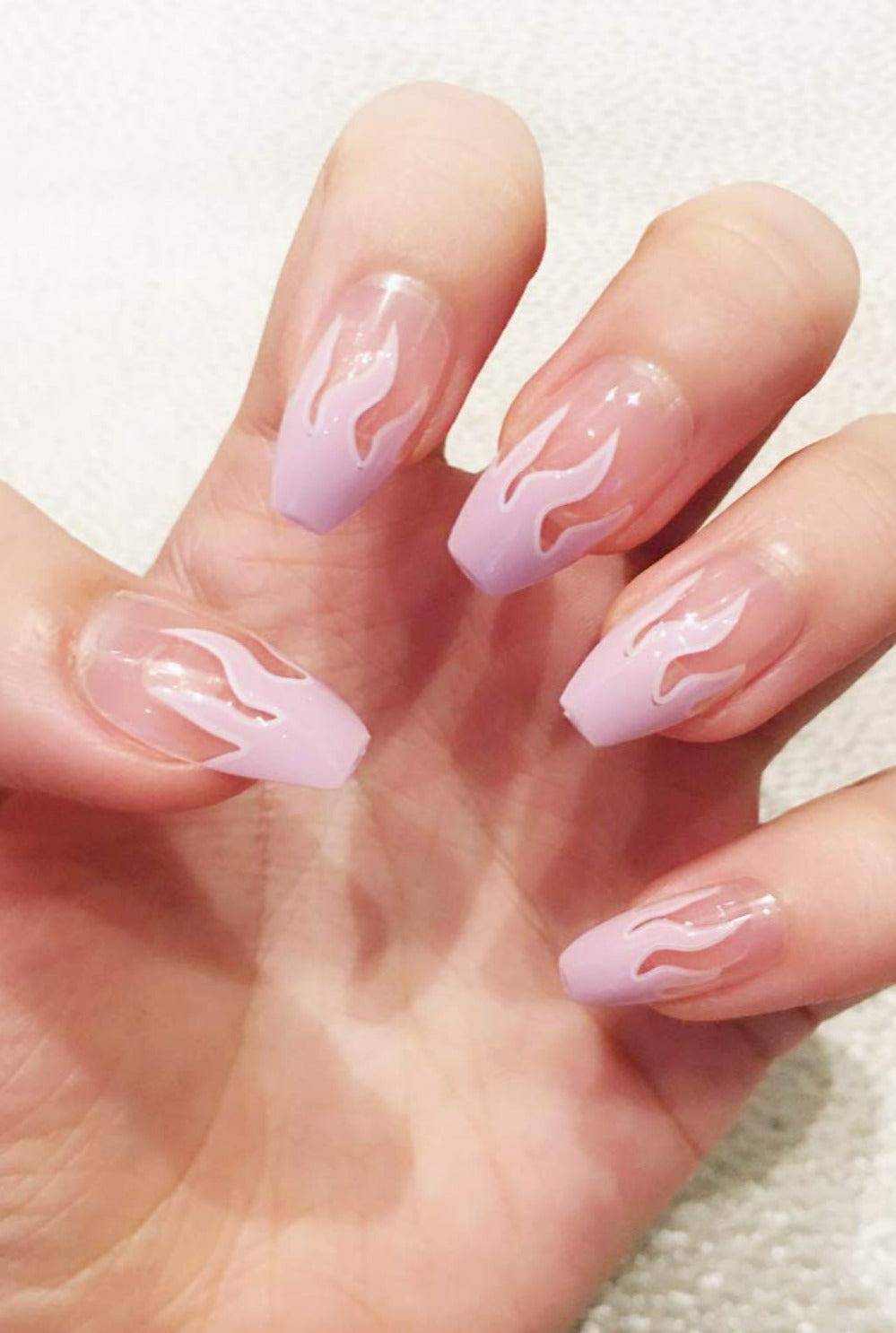 Press On Nails Clear Glossy French Tip Coffin Pink Flame Nail Kit - TGC Boutique - Press On Nails